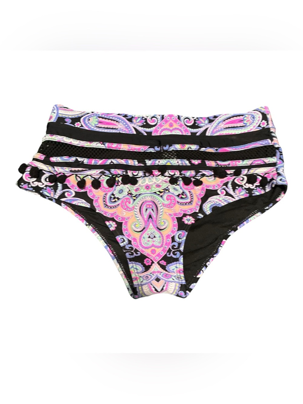 Women Black Paisley Pom-Trim Swim Bottoms
